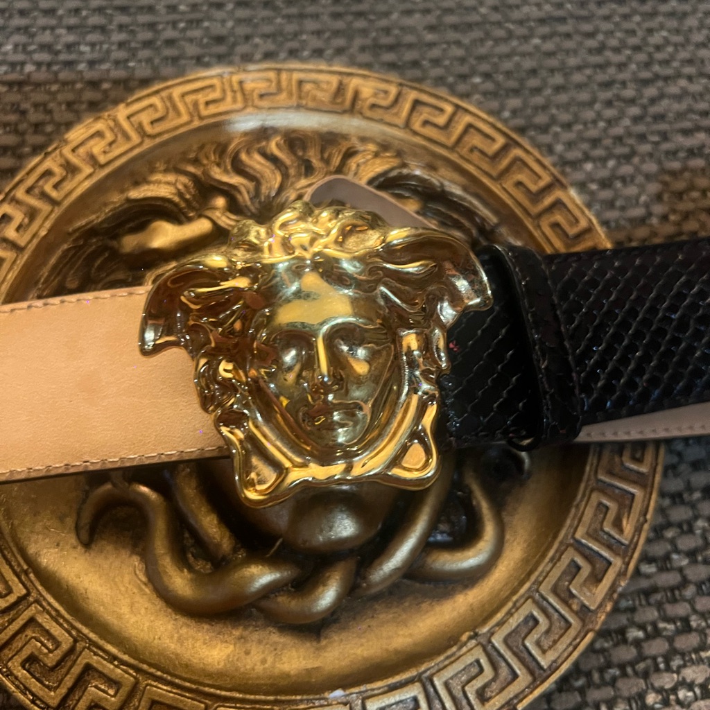 Versace Black And Tan Belt With Gold Medusa Buckle